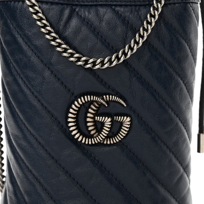 Gucci Vintage Effect Calfskin Matelasse Diagonal Mini Torchon GG Marmont 2.0 Bucket Bag Blue Agata Mystic White 8 of 11