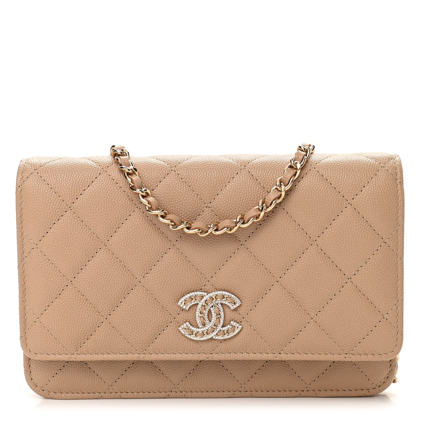 Caviar Quilted Crystal CC Wallet On Chain WOC Beige