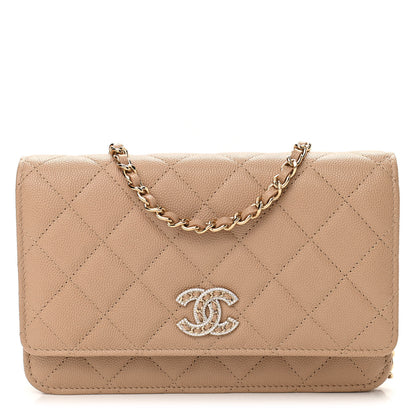 Chanel Caviar Quilted Crystal CC Wallet On Chain WOC Beige 1 of 11