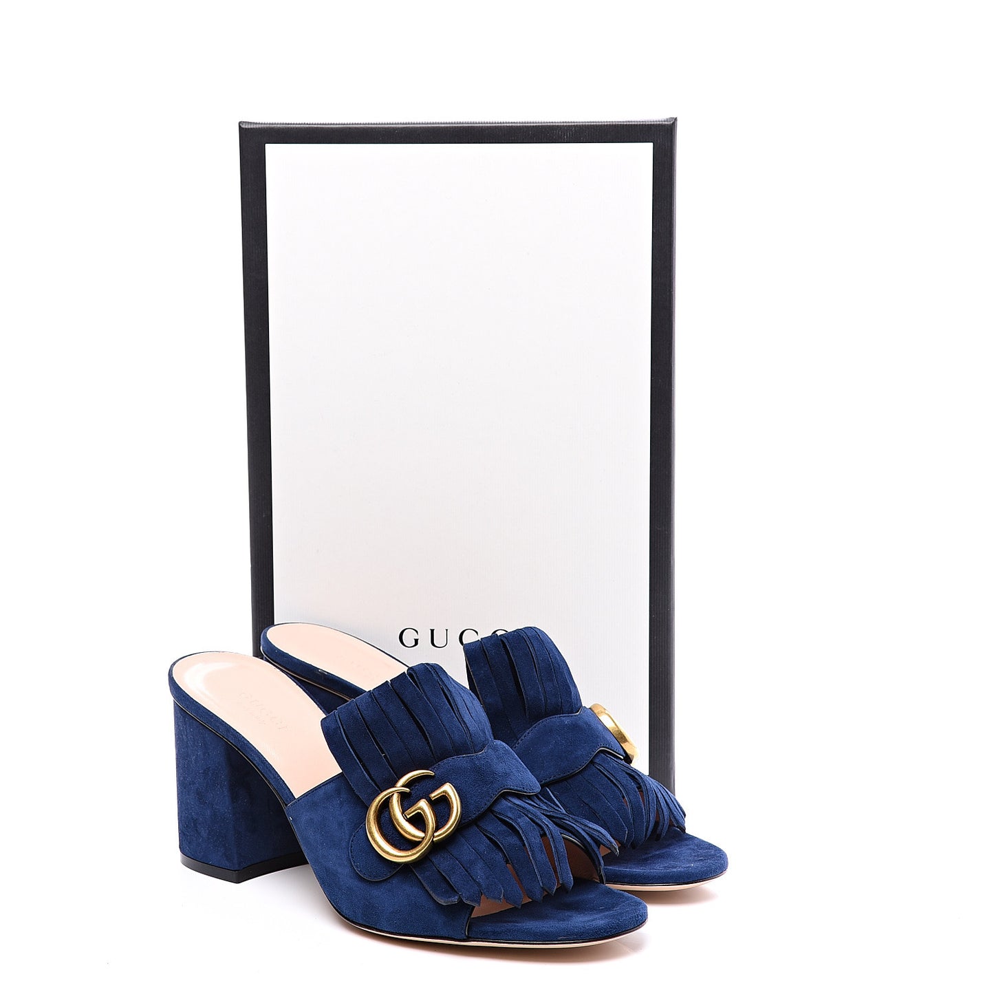 Kid Scamosciato GG Marmont Fringe 75mm Slide Sandals 39.5 Blue Ink