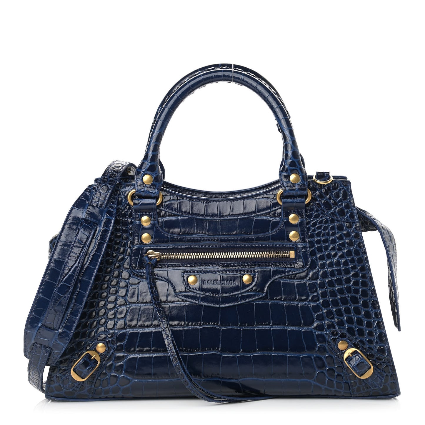 Shiny Supple Calfskin Crocodile Embossed Neo Classic Gold Hardware S City Navy