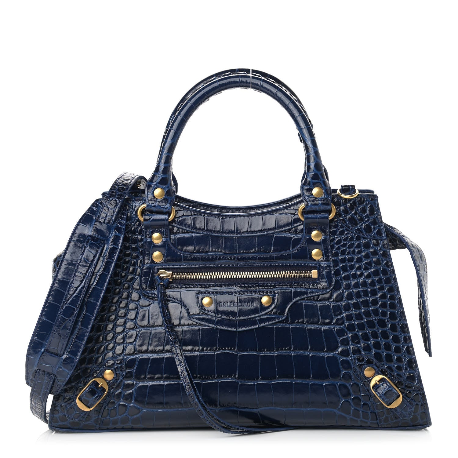 Balenciaga Shiny Supple Calfskin Crocodile Embossed Neo Classic Gold Hardware S City Navy 1 of 9
