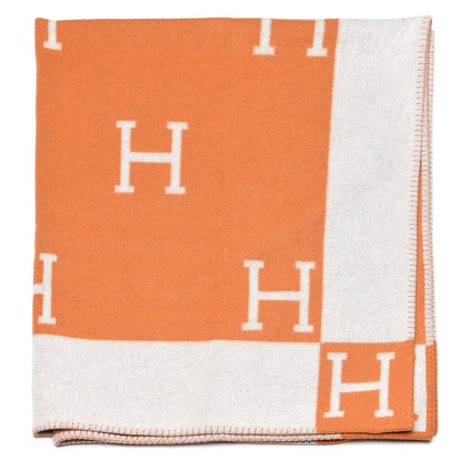 Hermes Wool Cashmere Signature Classic Avalon Blanket Ecru Potiron 1 of 4