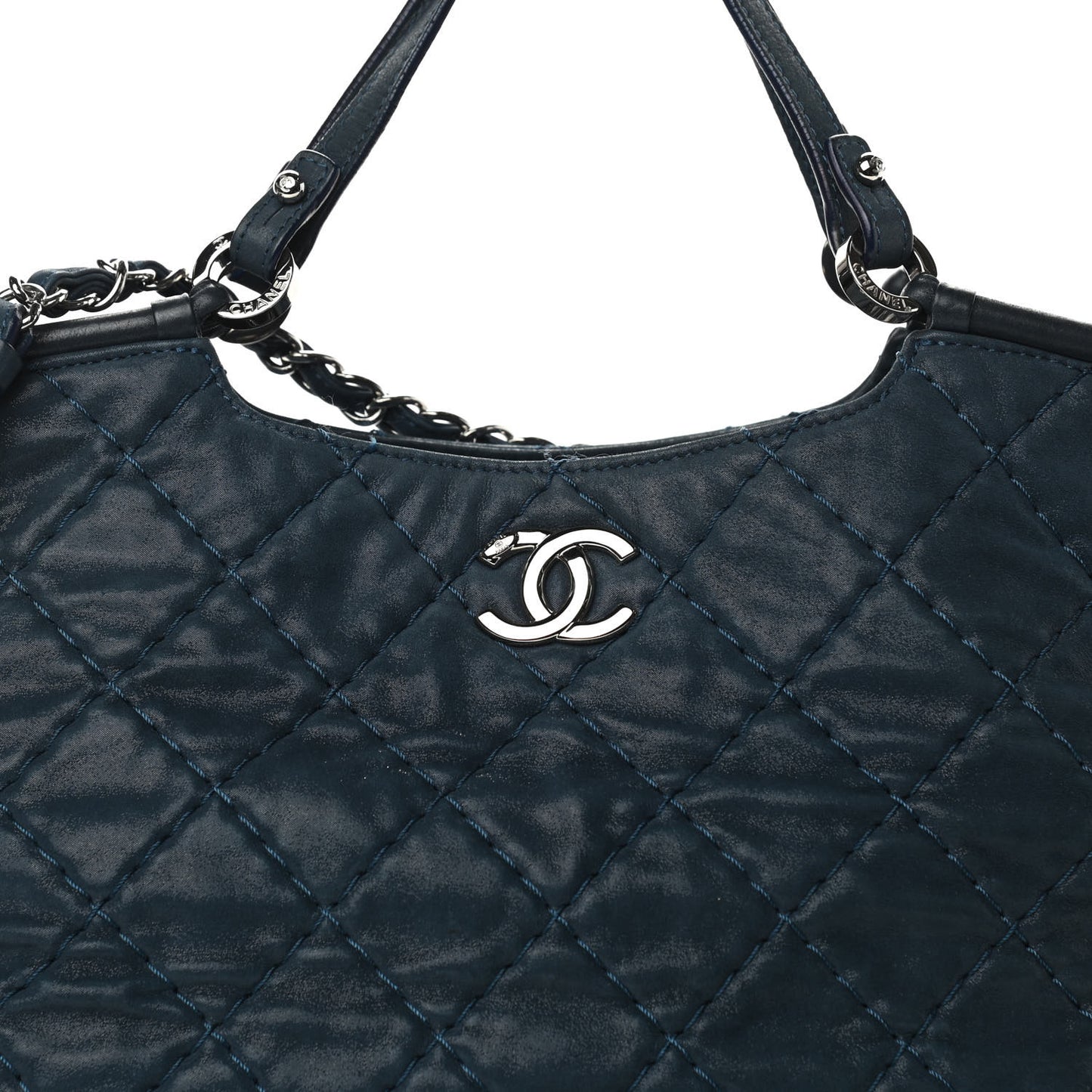 Iridescent Calfskin Quilted Small Sea Hit Tote Navy