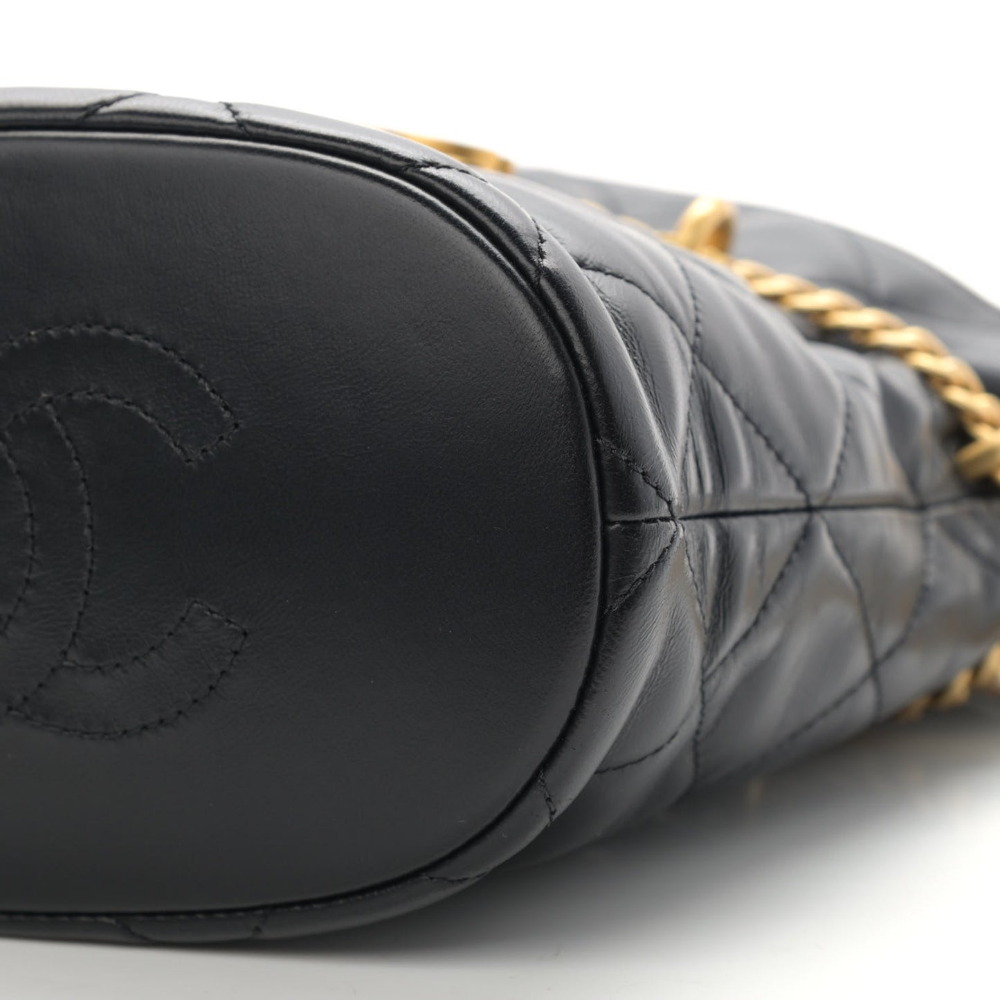 Lambskin Enamel Quilted Pending CC Bucket Drawstring Bag Black