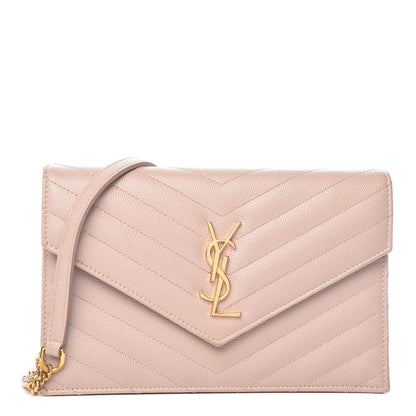 Saint Laurent Grain De Poudre Matelasse Chevron Monogram Envelope Chain Wallet Pale Pink 1 of 9