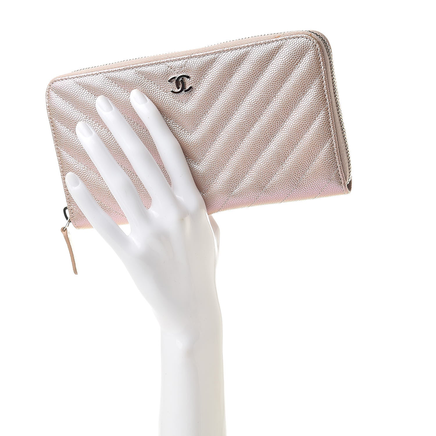 Chanel Metallic Caviar Chevron Quilted Large Gusset Zip Around Wallet Light Gold 2 of 10