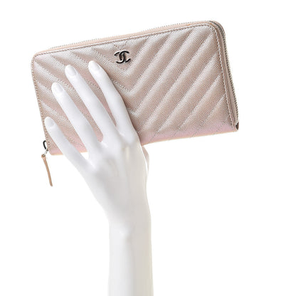 Chanel Metallic Caviar Chevron Quilted Large Gusset Zip Around Wallet Light Gold 2 of 10