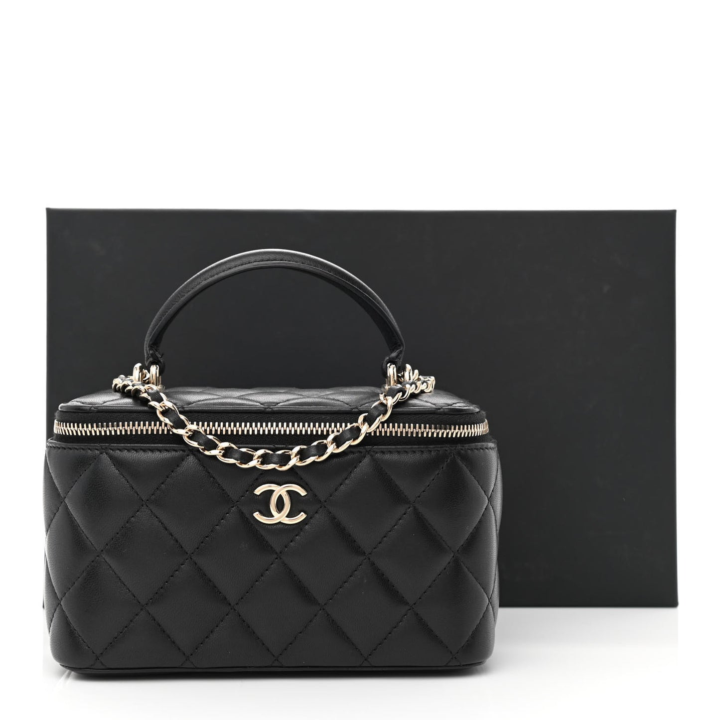 Lambskin Quilted Small Top Handle Vanity Case With Chain Black