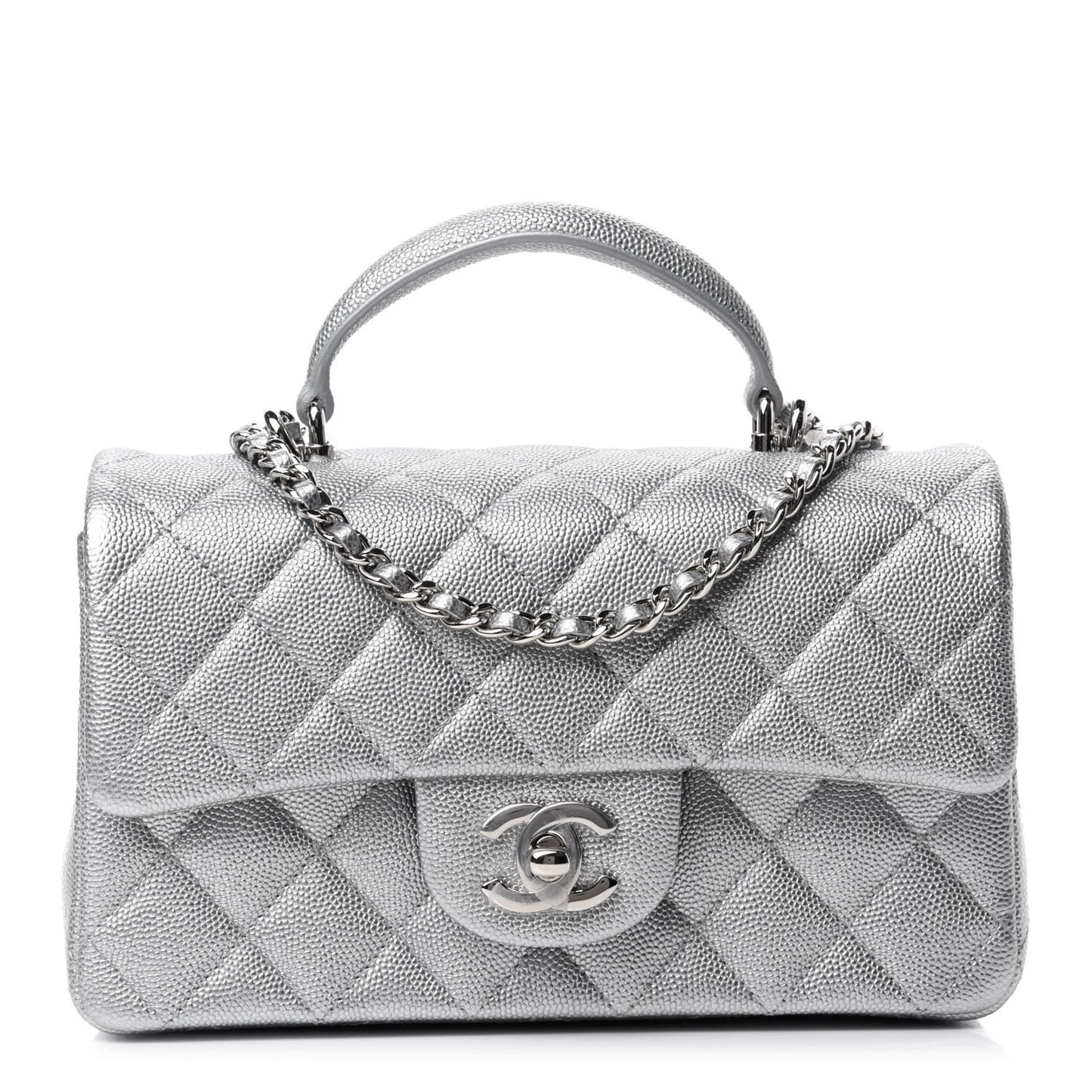 Metallic Caviar Quilted Mini Top Handle Rectangular Flap Silver