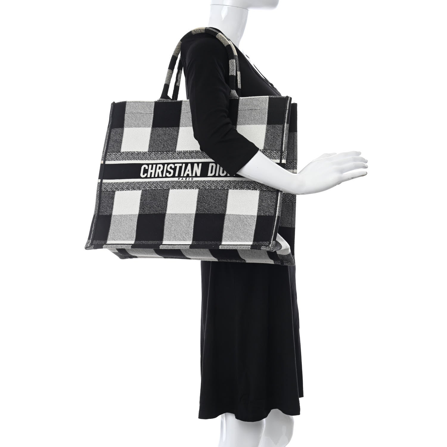 Christian Dior Canvas Embroidered Checkered Book Tote Black White 2 of 15
