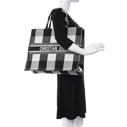Christian Dior Canvas Embroidered Checkered Book Tote Black White 2 of 15