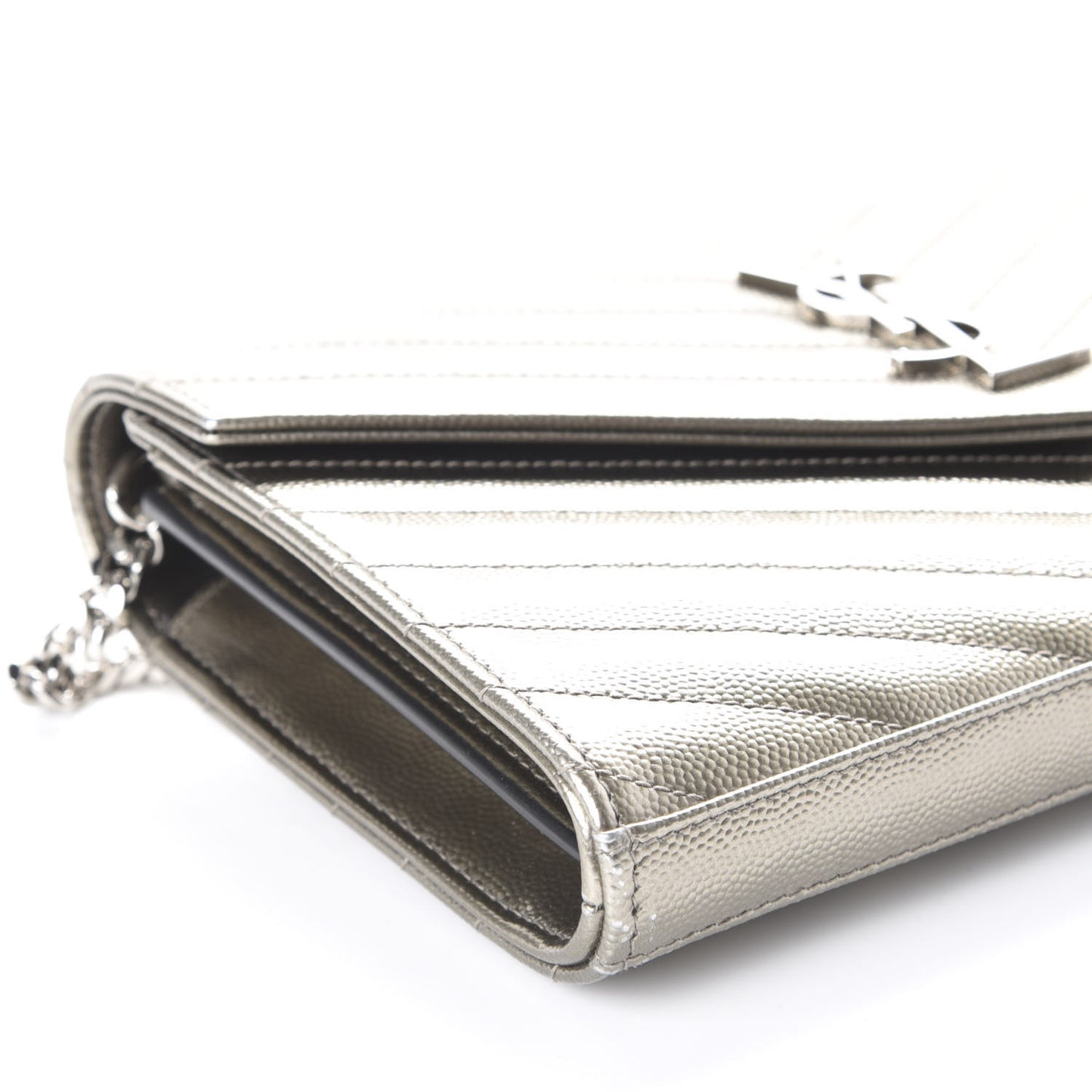 Metallic Grain De Poudre Matelasse Chevron Monogram Chain Wallet Piombo
