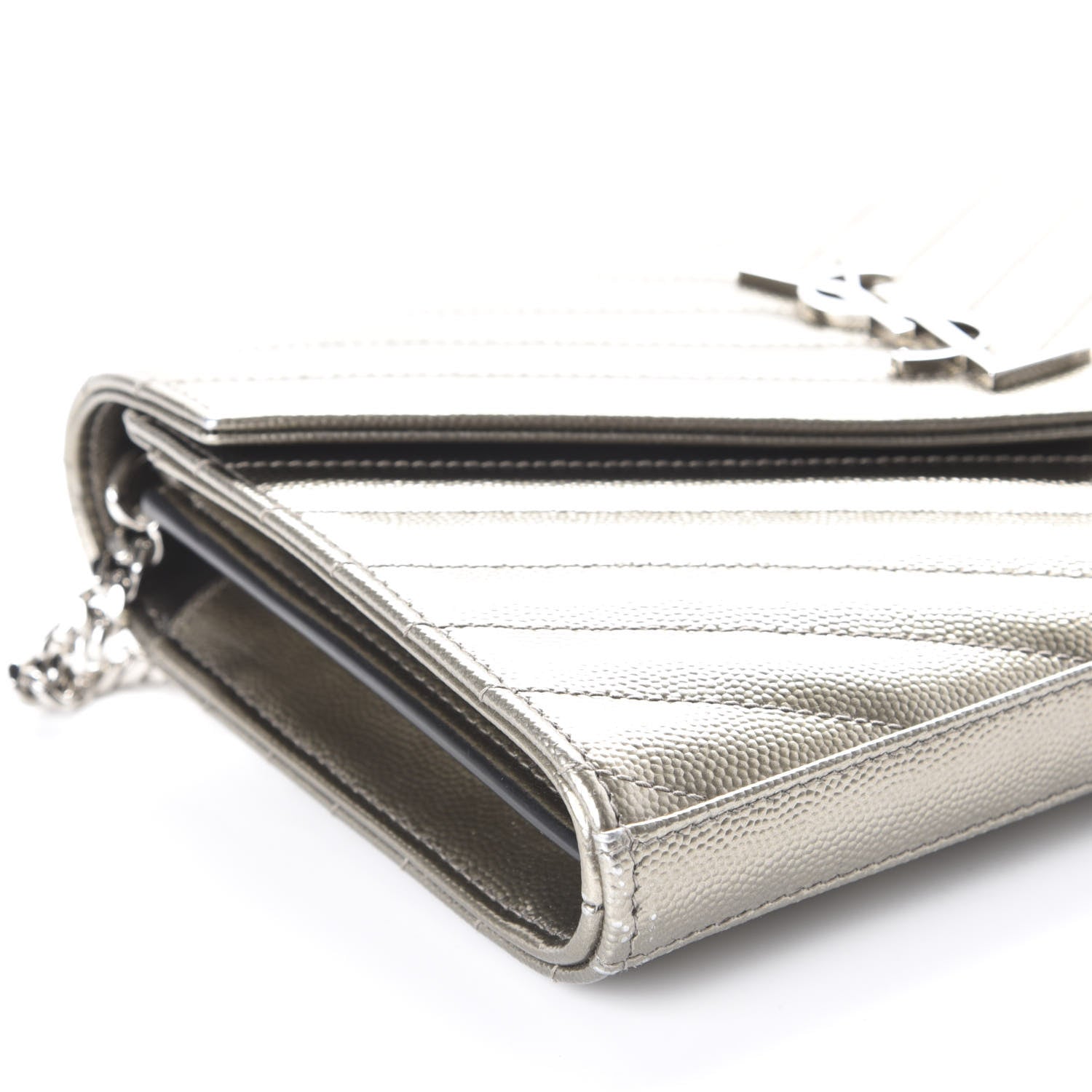 Saint Laurent Metallic Grain De Poudre Matelasse Chevron Monogram Chain Wallet Piombo 8 of 9