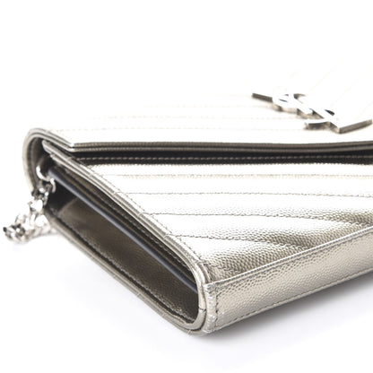Saint Laurent Metallic Grain De Poudre Matelasse Chevron Monogram Chain Wallet Piombo 8 of 9