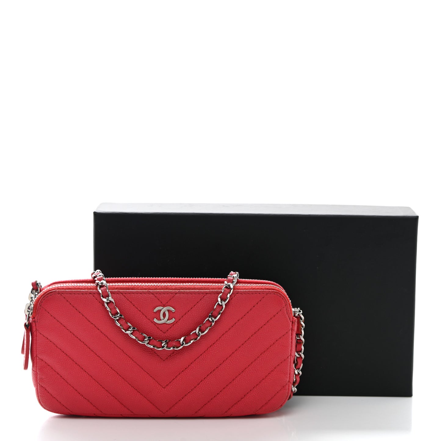 Caviar Chevron Quilted Small Clutch With Chain Light Red