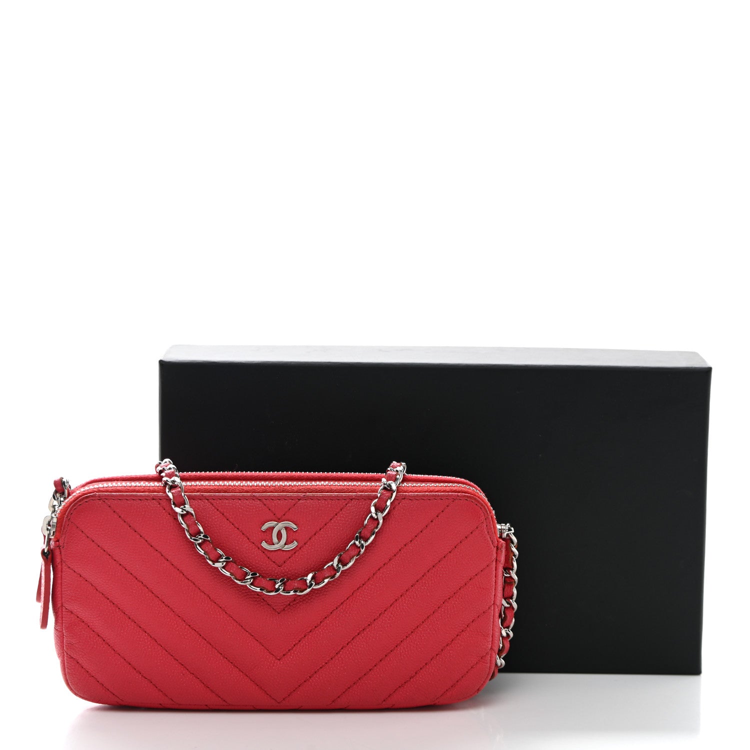 Chanel Caviar Chevron Quilted Small Clutch With Chain Light Red 15 of 15