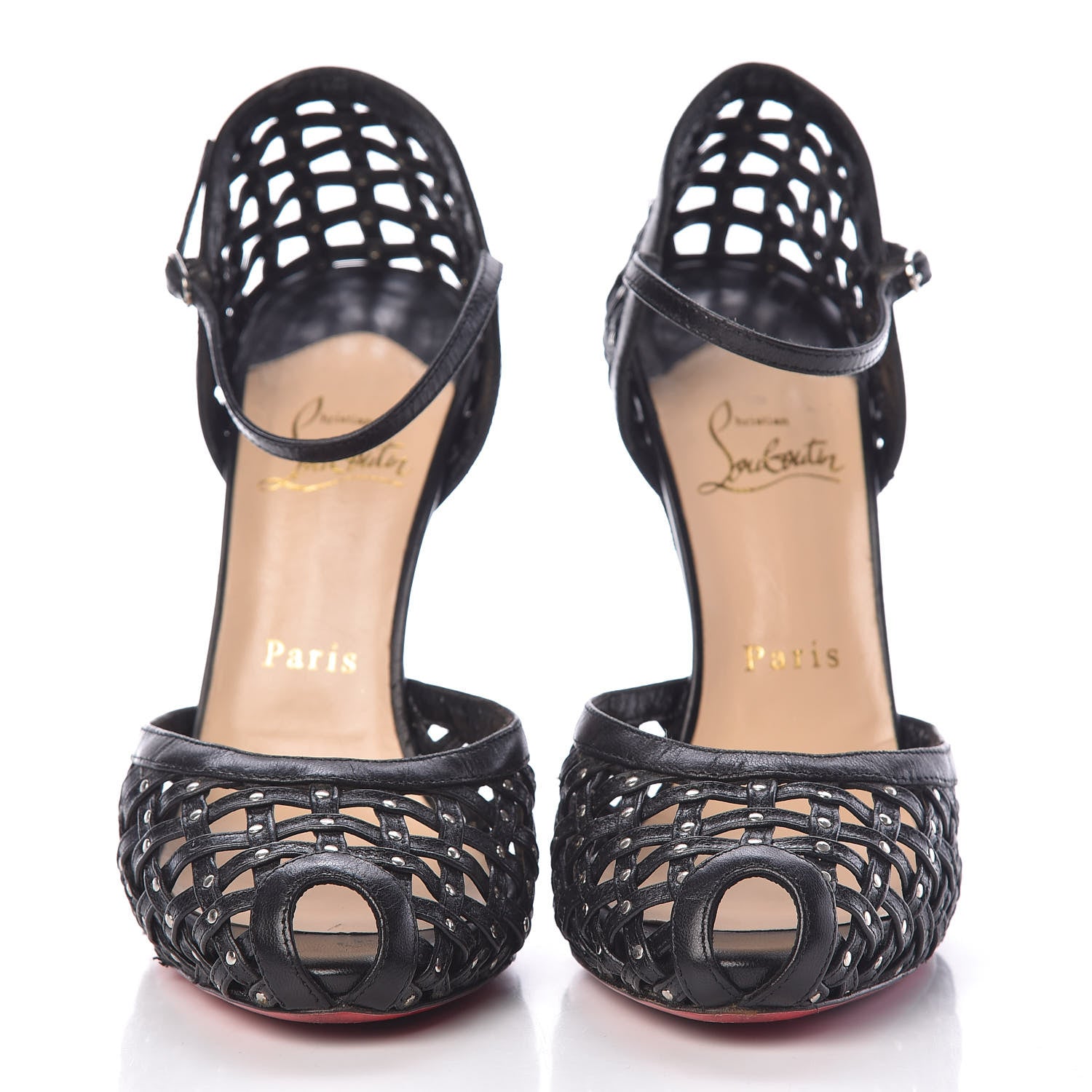 Christian Louboutin Shiny Nappa Studded Woven 120 Platform Peep Toe Pumps 38.5 Black 2 of 12