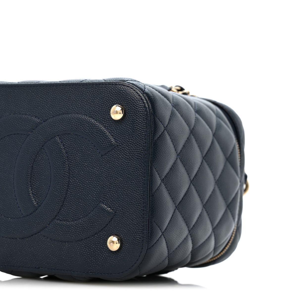 Caviar Quilted Small Top Handle Vanity Case With Chain Navy Blue