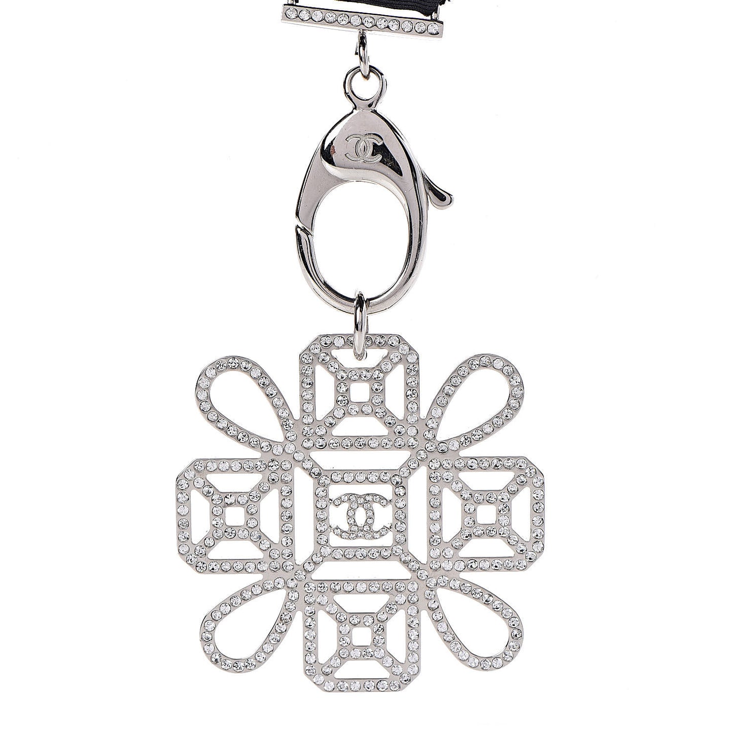 Crystal CC Cross Lanyard Necklace Black Silver