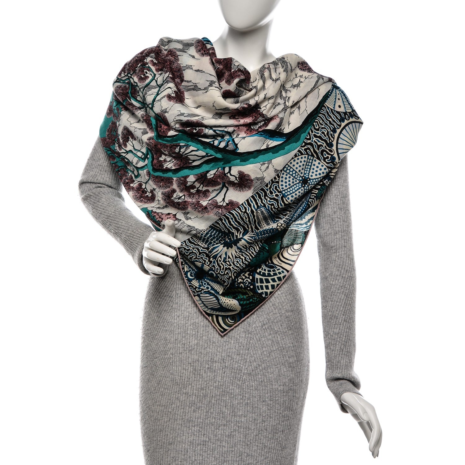Hermes Cashmere Silk Sieste Au Paradis Shawl 140 Blanc Vert Rose 2 of 5