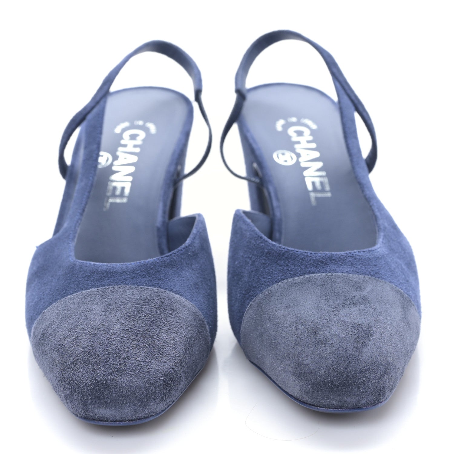 Chanel Suede Cap Toe CC Slingback Pumps 37.5 Blue Black 3 of 16