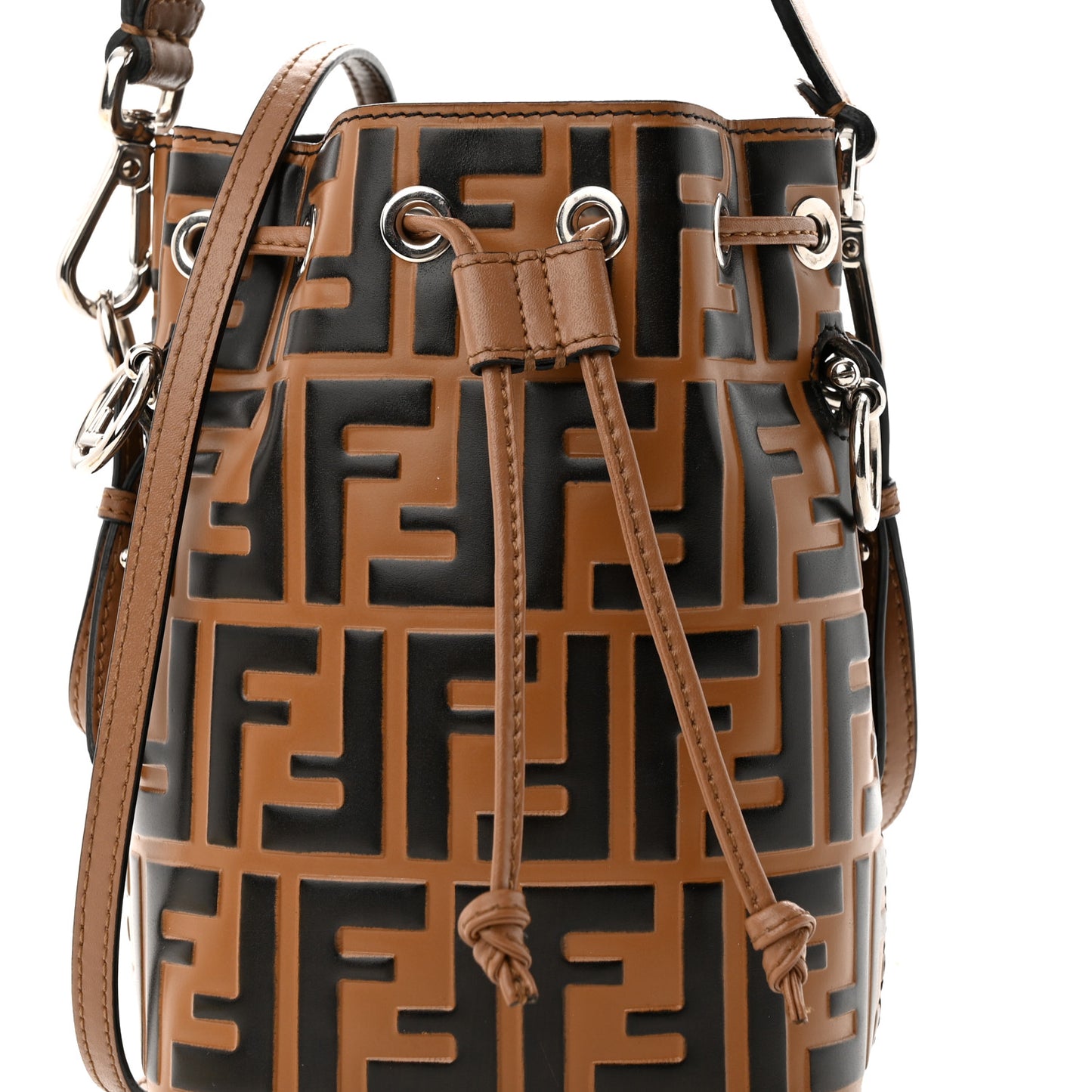 Vitello Liberty F is Fendi Bi-Color FF 1974 Embossed Mini Mon Tresor Bucket Bag Tobaco Orzo
