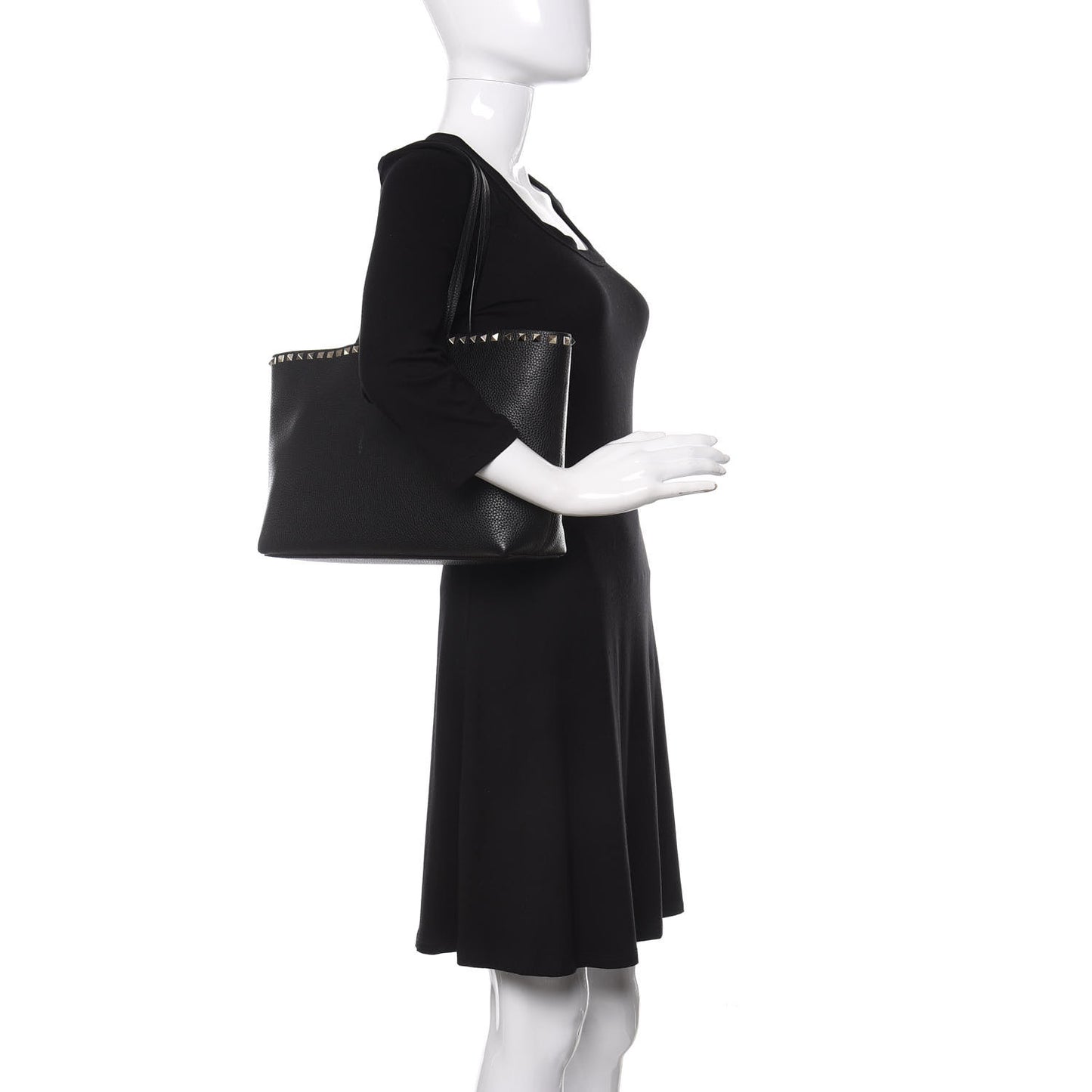 Grained Calfskin Small Rockstud Shoulder Tote Black