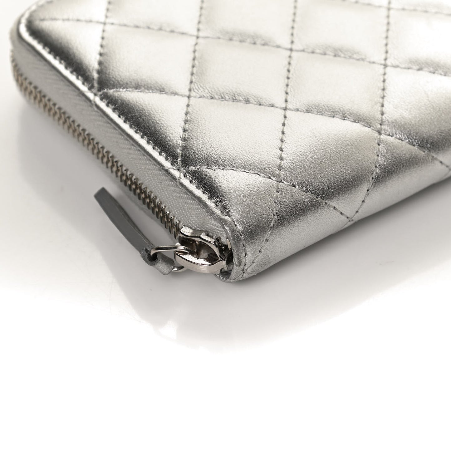 Metallic Lambskin Quilted Large Gusset Zip Around Wallet Silver
