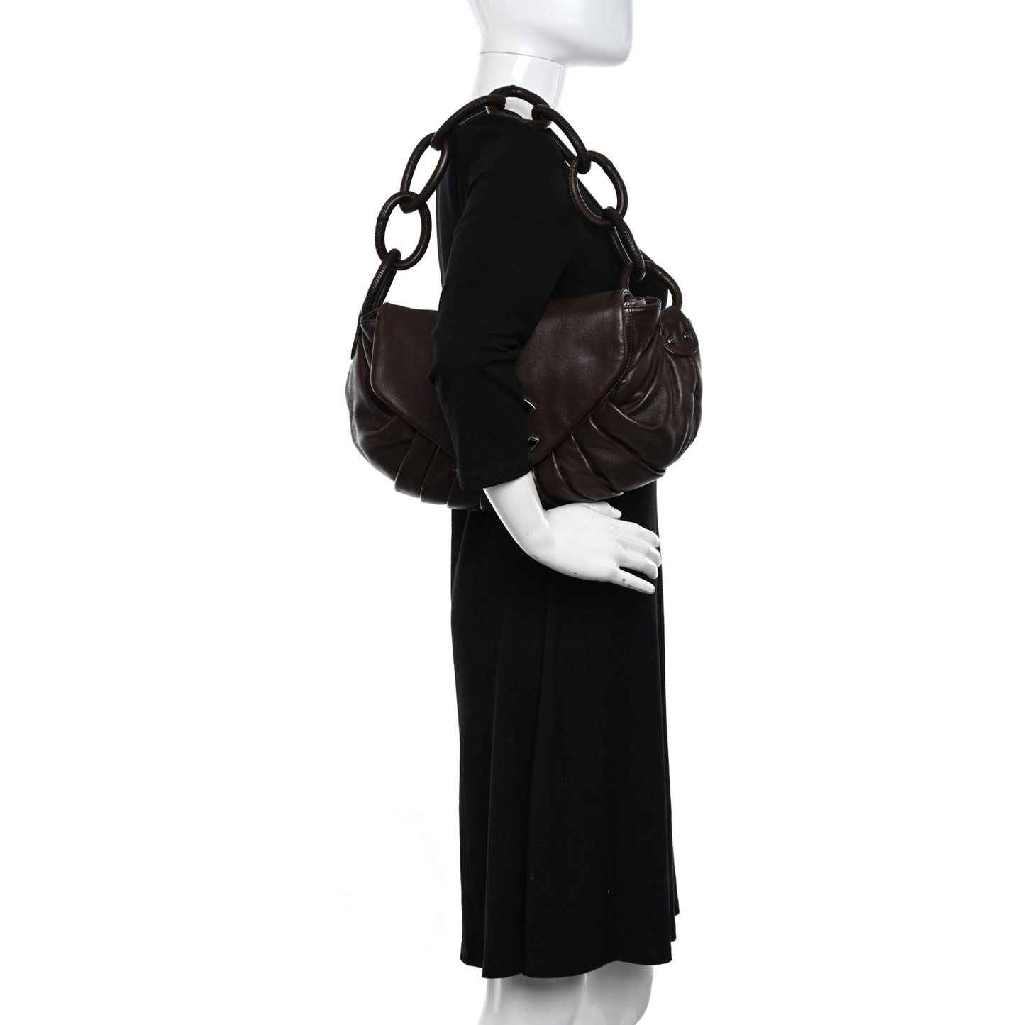 Lambskin Pleated CC Shoulder Bag Marron Fonce