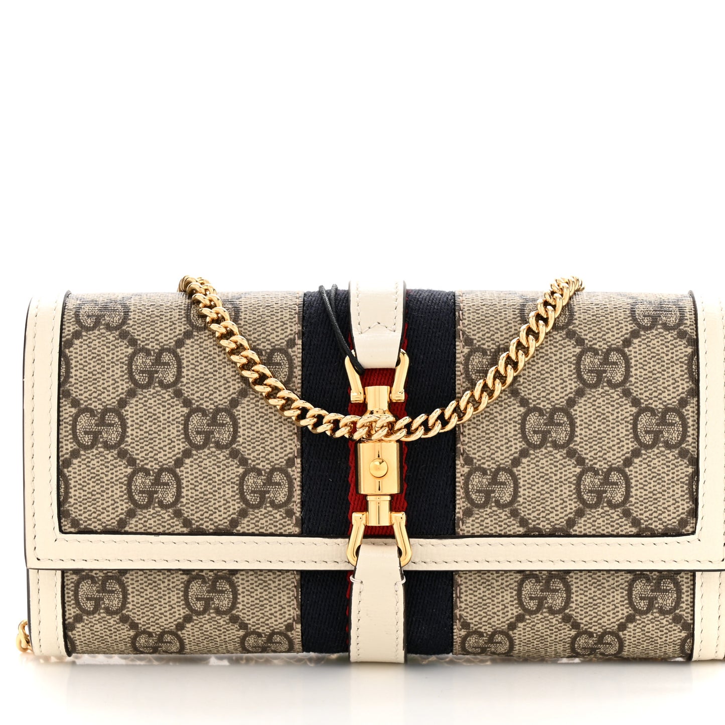GG Supreme Monogram Textured Calfskin Web Jackie 1961 Chain Wallet Beige Ebony Mystic White