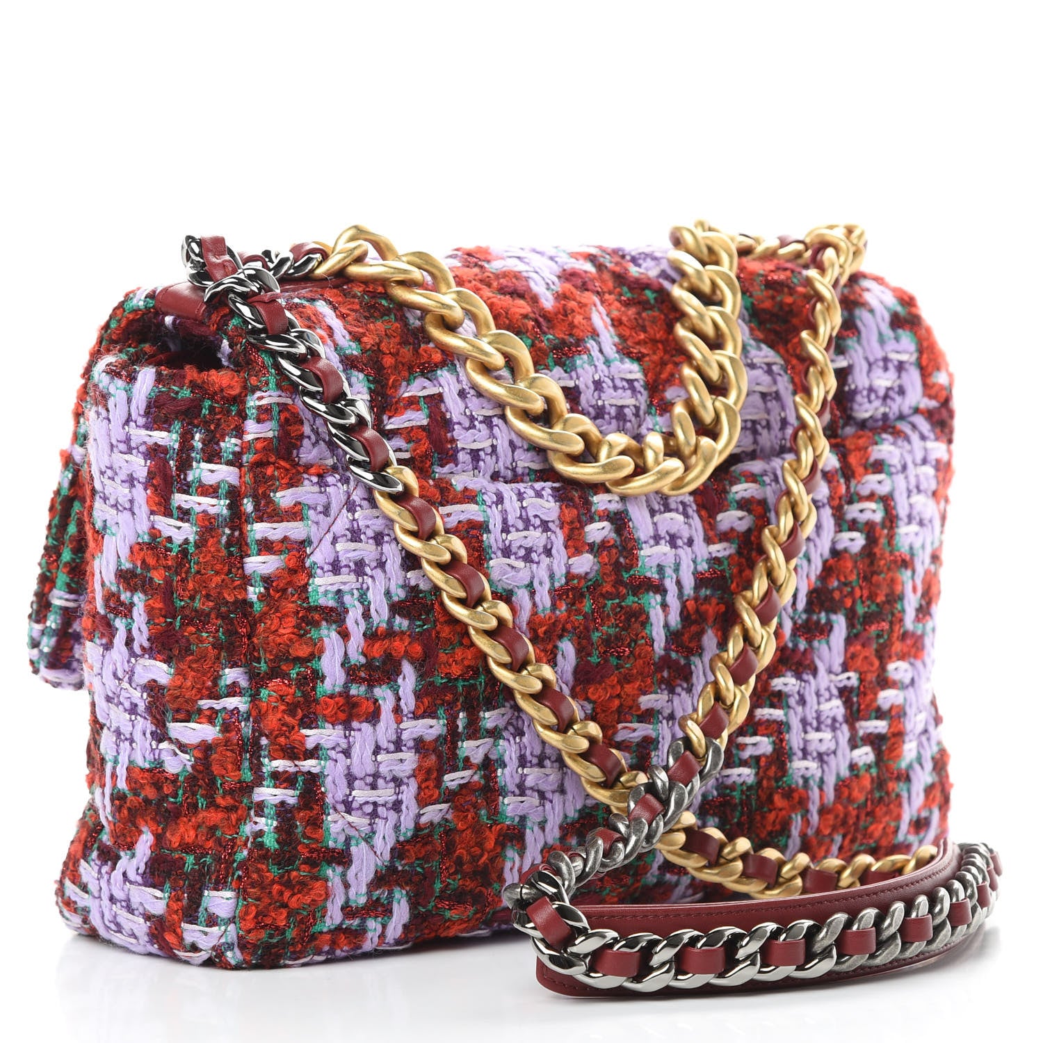 Chanel Tweed Quilted Large Chanel 19 Flap Red Purple Green 3 of 11