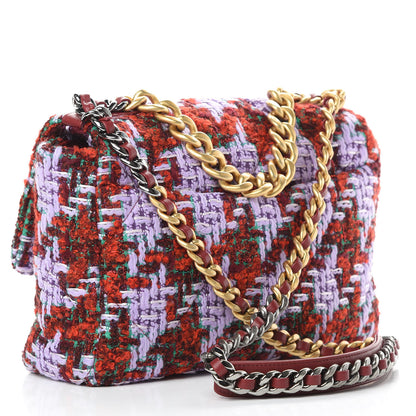 Chanel Tweed Quilted Large Chanel 19 Flap Red Purple Green 3 of 11