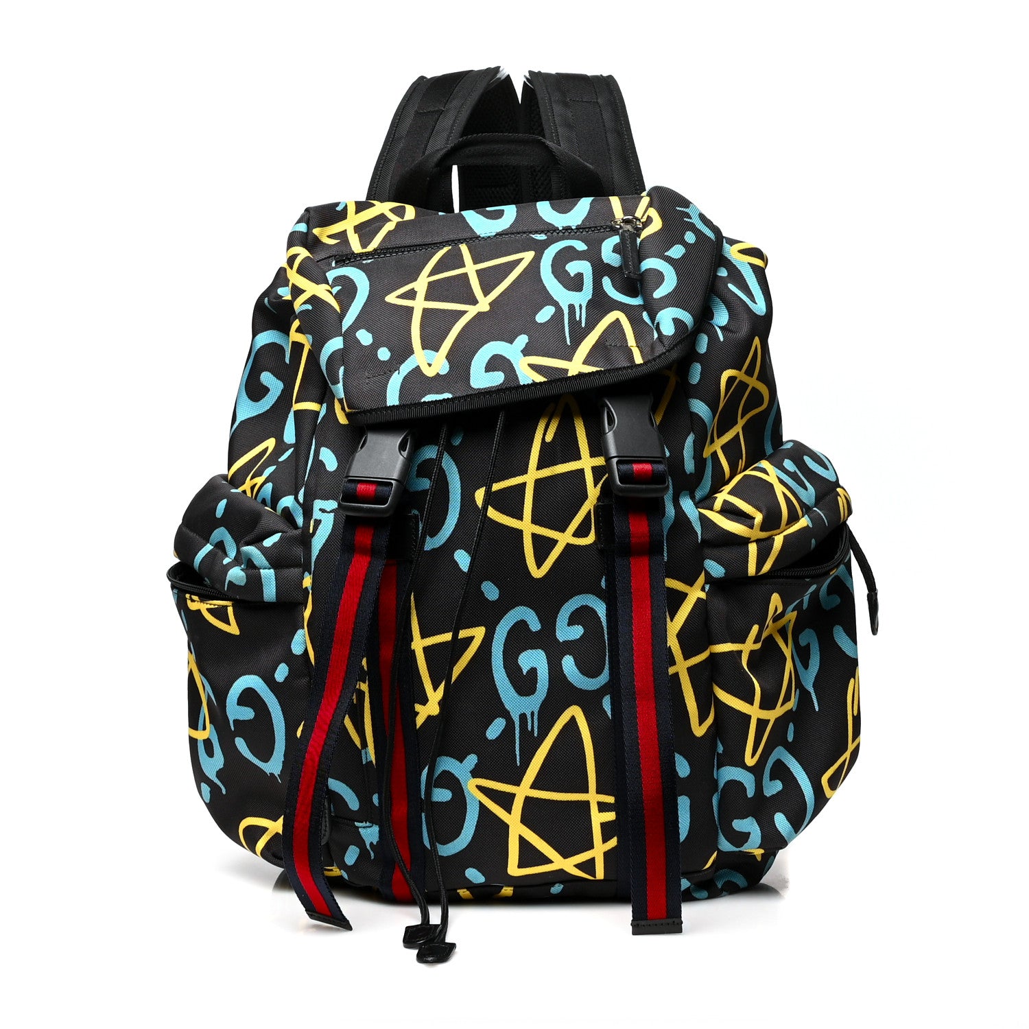 Gucci Techno Canvas GucciGhost Double Buckle Backpack Black New Acquamarine 1 of 12