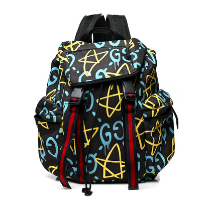 Gucci Techno Canvas GucciGhost Double Buckle Backpack Black New Acquamarine 1 of 12