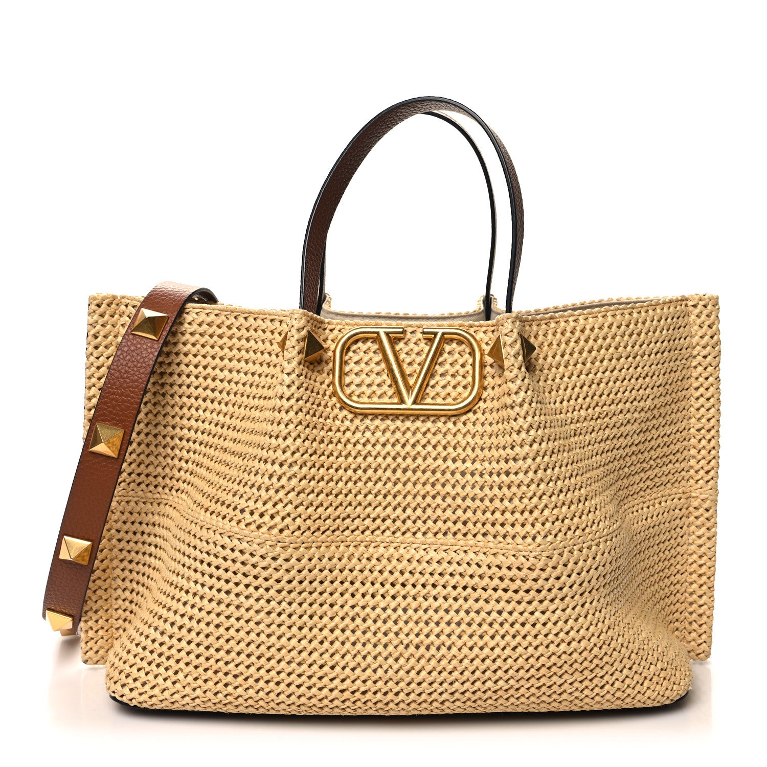 Valentino Garavani Raffia Grained Calfskin Medium Rockstud Vlogo Tote Naturale 1 of 14