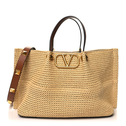 Valentino Garavani Raffia Grained Calfskin Medium Rockstud Vlogo Tote Naturale 1 of 14