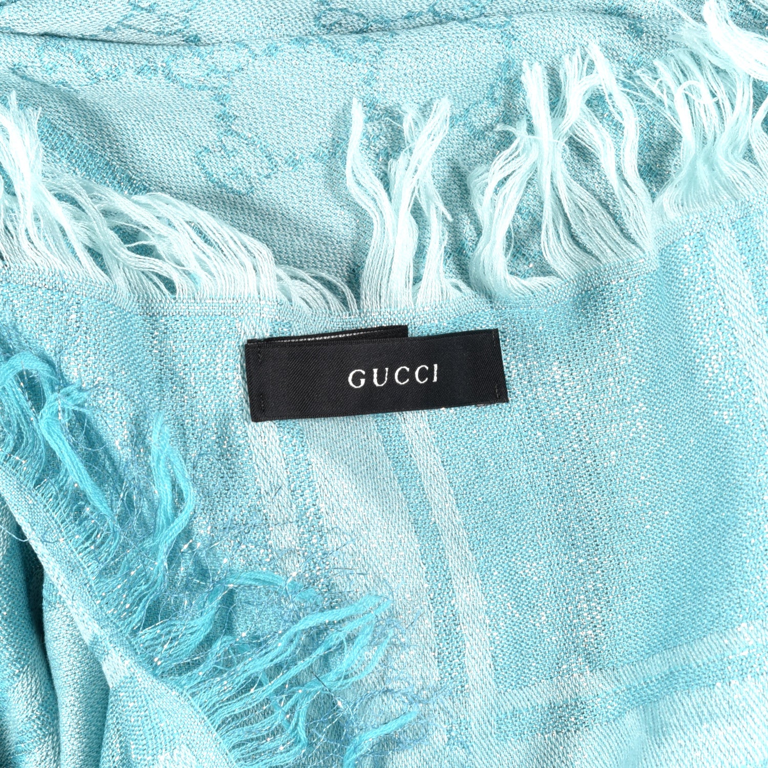 Gucci Wool Silk Monogram Diamanti Fringe Shawl Aquamarine 4 of 4