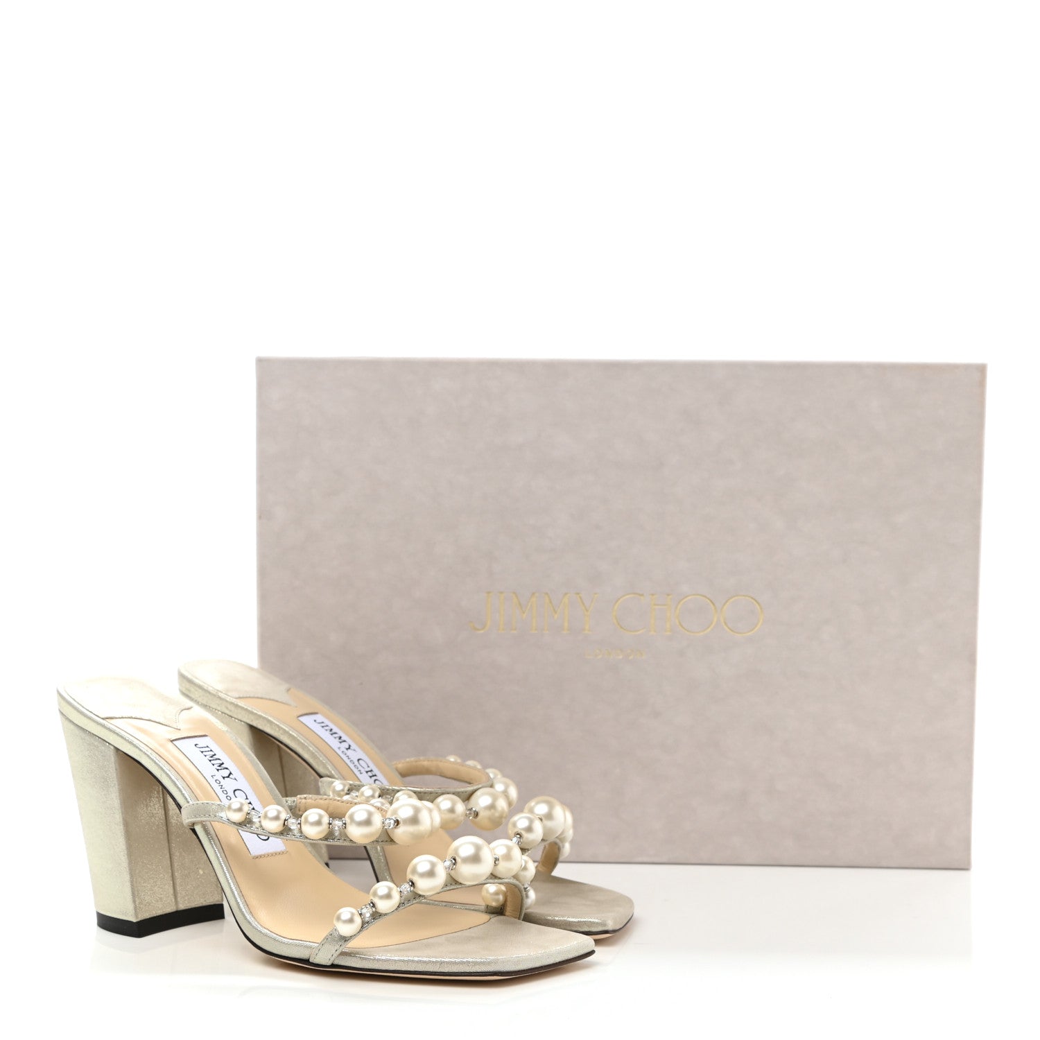 Jimmy Choo Shimmer Suede Pearl Embellished Amara 85 Mule Sandals 35 Champagne 8 of 8