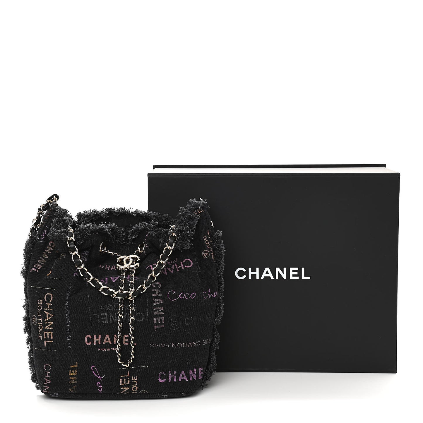 Denim Quilted Mood Bucket With Chain Black Multicolor