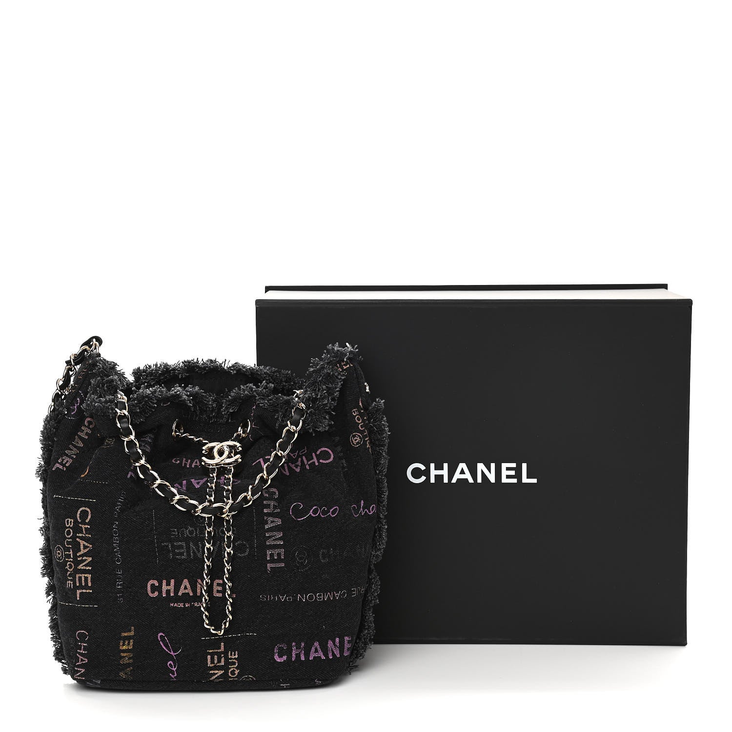 Chanel Denim Quilted Mood Bucket With Chain Black Multicolor 12 of 12