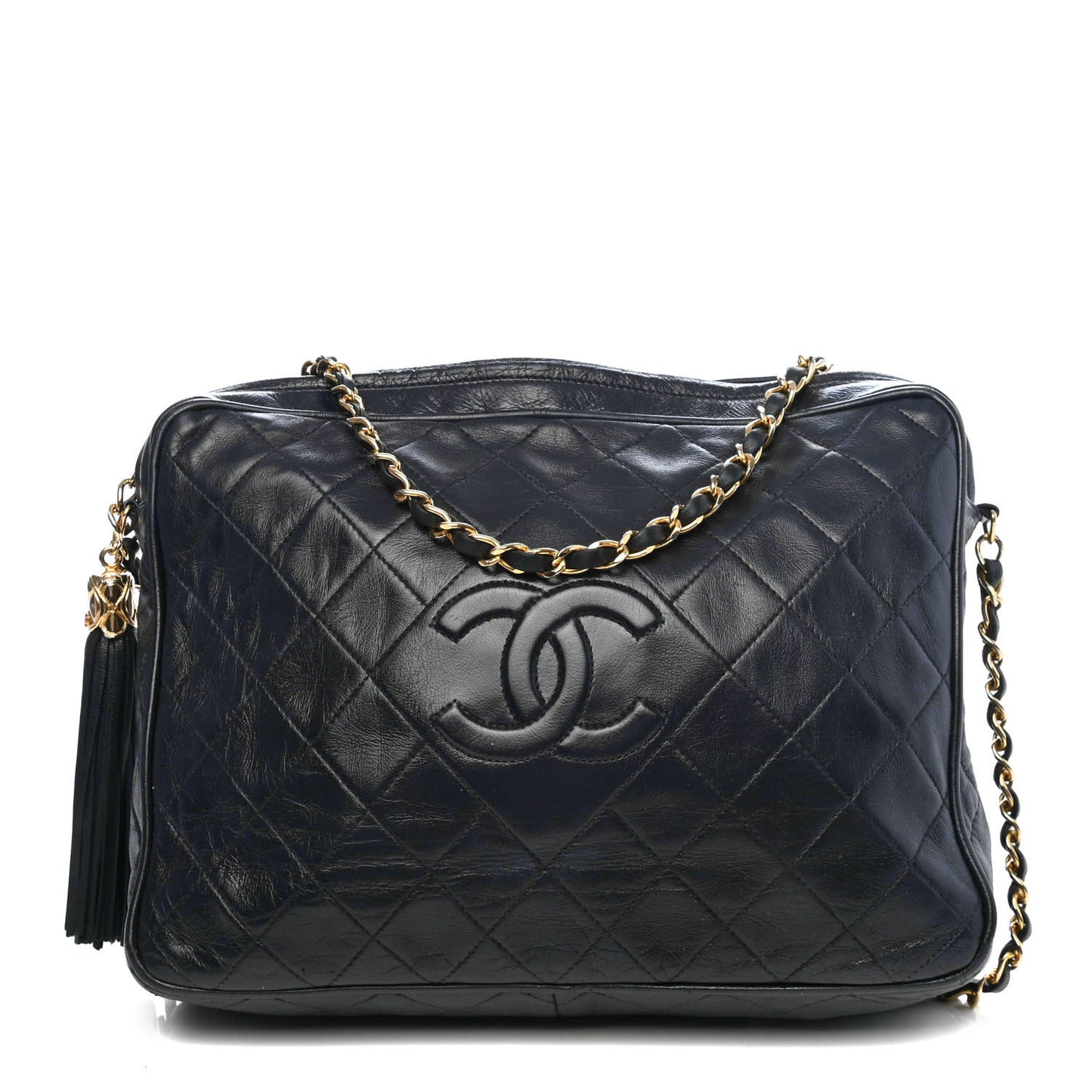Lambskin Quilted CC Tassel Camera Case Navy