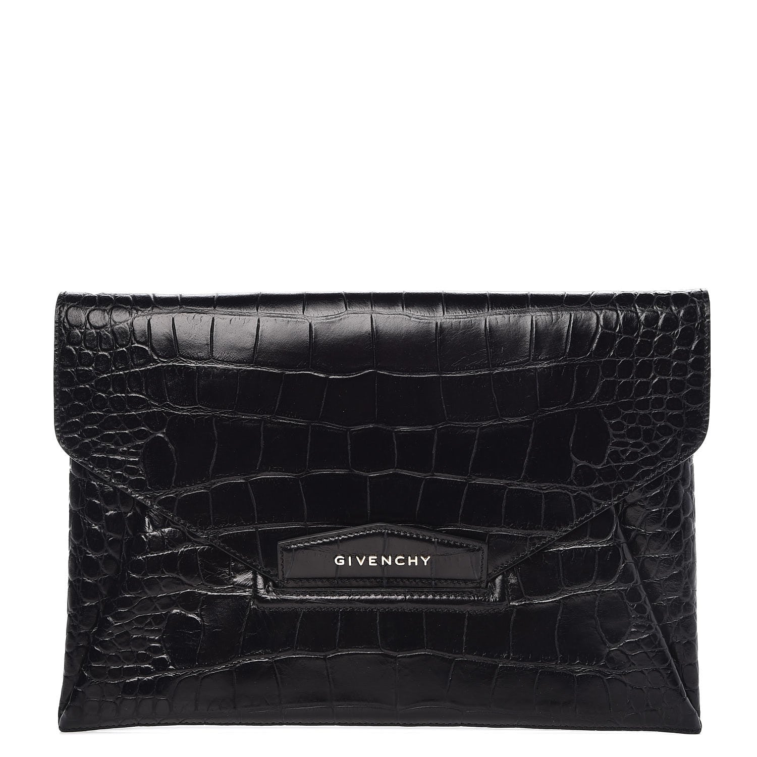 Givenchy Calfskin Crocodile Embossed Medium Antigona Envelope Clutch Black 1 of 7