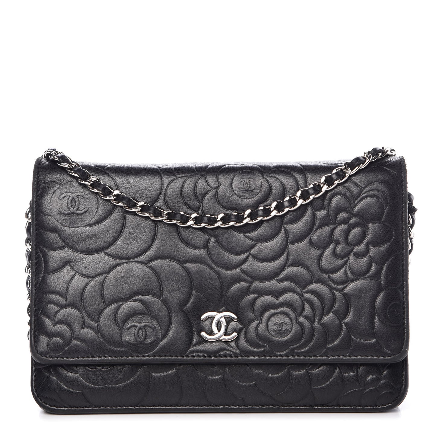 Lambskin Camellia Embossed Wallet on Chain WOC Black