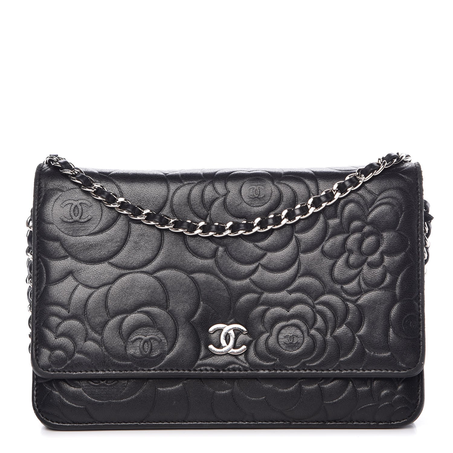 Chanel Lambskin Camellia Embossed Wallet on Chain WOC Black 1 of 11