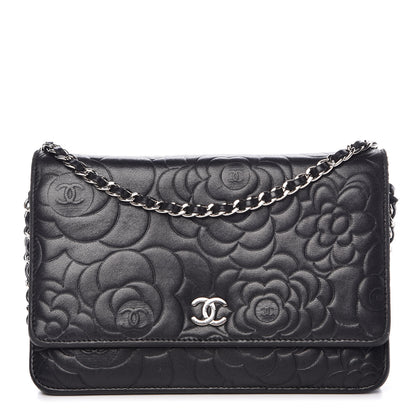 Chanel Lambskin Camellia Embossed Wallet on Chain WOC Black 1 of 11