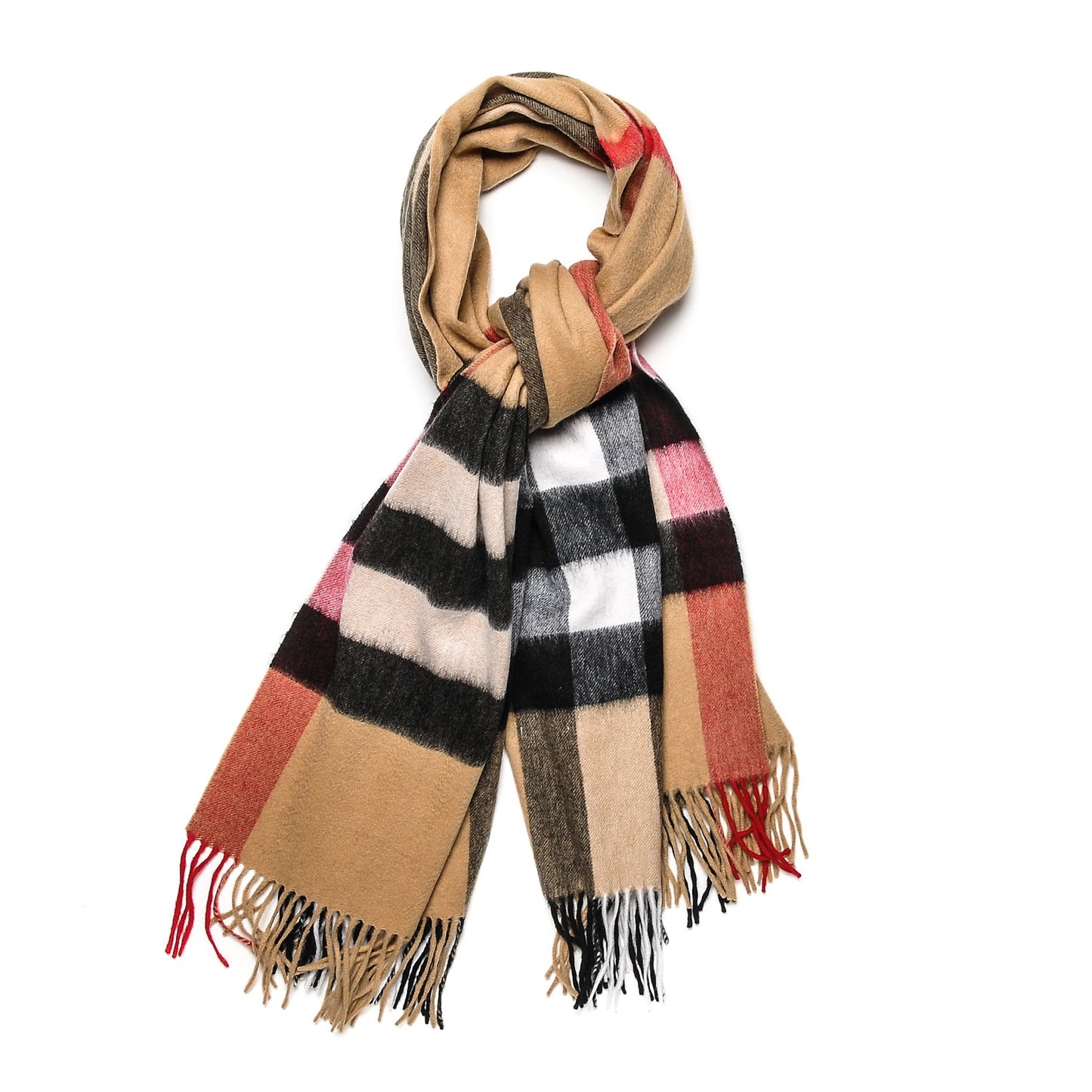 Cashmere Giant Heritage Check Fringe Scarf Camel