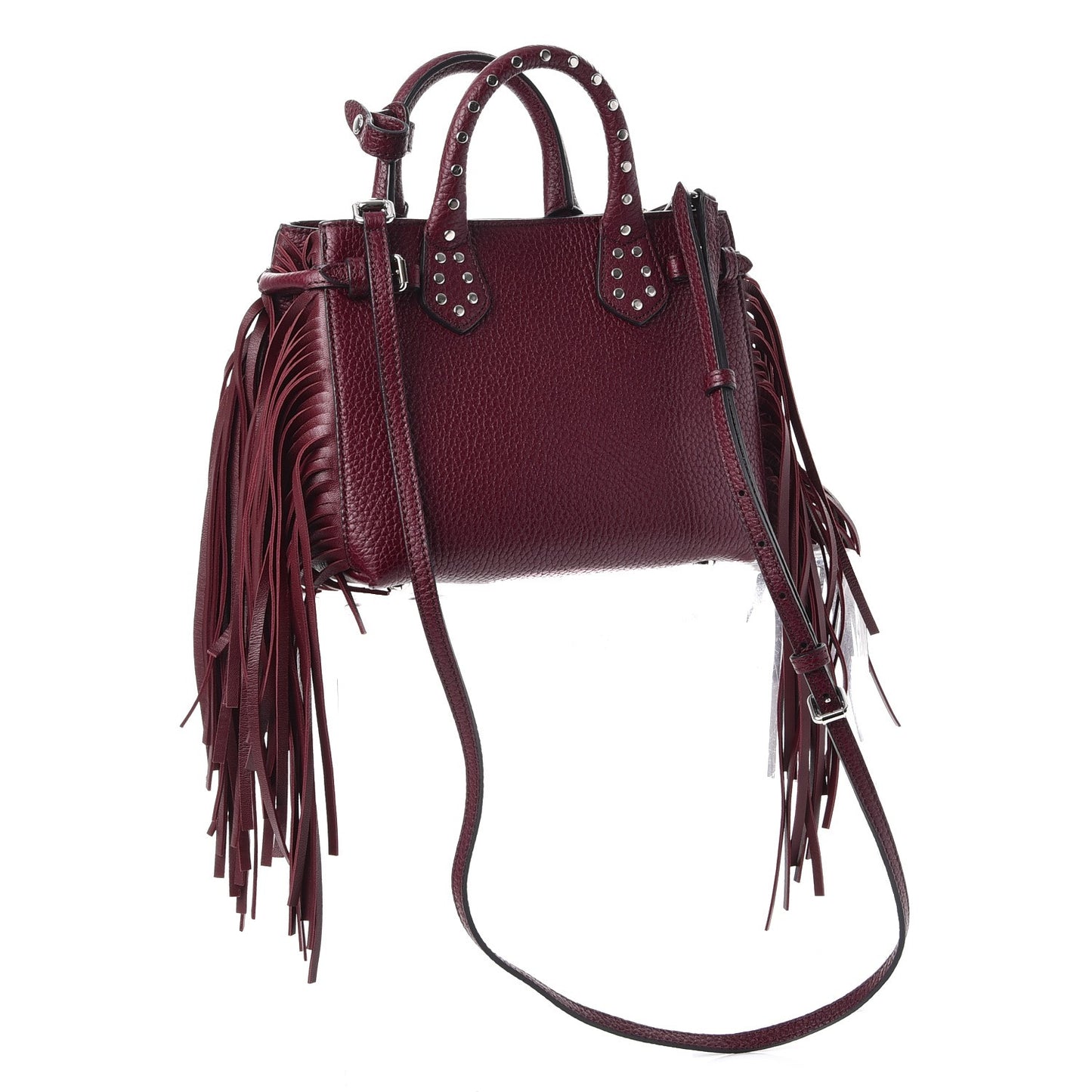 Grainy Calfskin Studded Fringe Baby Banner Tote Damson Magenta