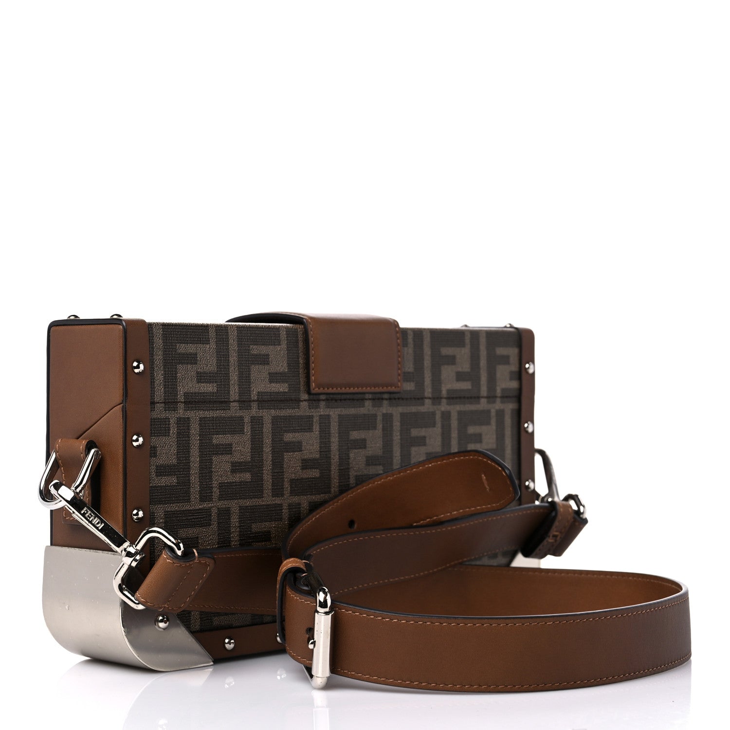 Fendi Shiny Glazed Fabric Vachetta FF 1974 Medium Baguette Trunk Mogano Panna Cuoio 3 of 13