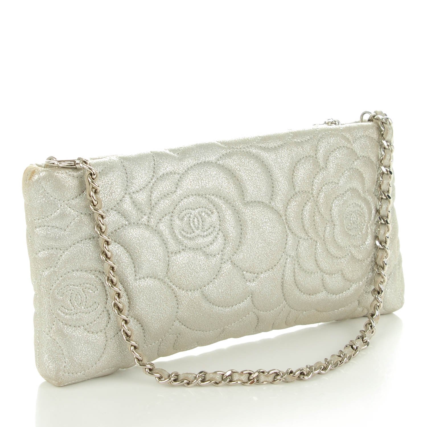 Chanel Metallic Goatskin Camellia Stitched Shoulder Bag Silver 3 of 8